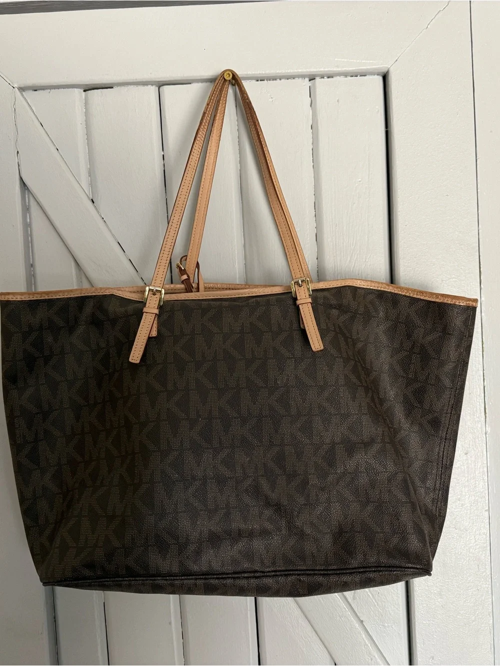 Michael Kors Dark Brown MK Signature Tote with Tan Trims - Picture 2 of 6